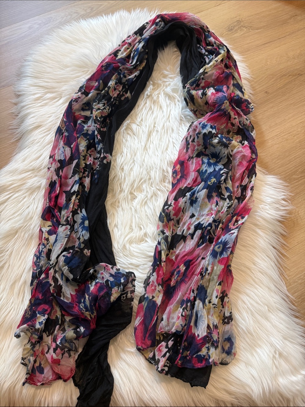 Women's Floral Black Scarf with Pink & Blue Accents